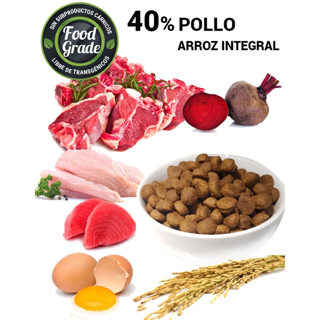 Pollo y arroz integral, para perros Senior, light.