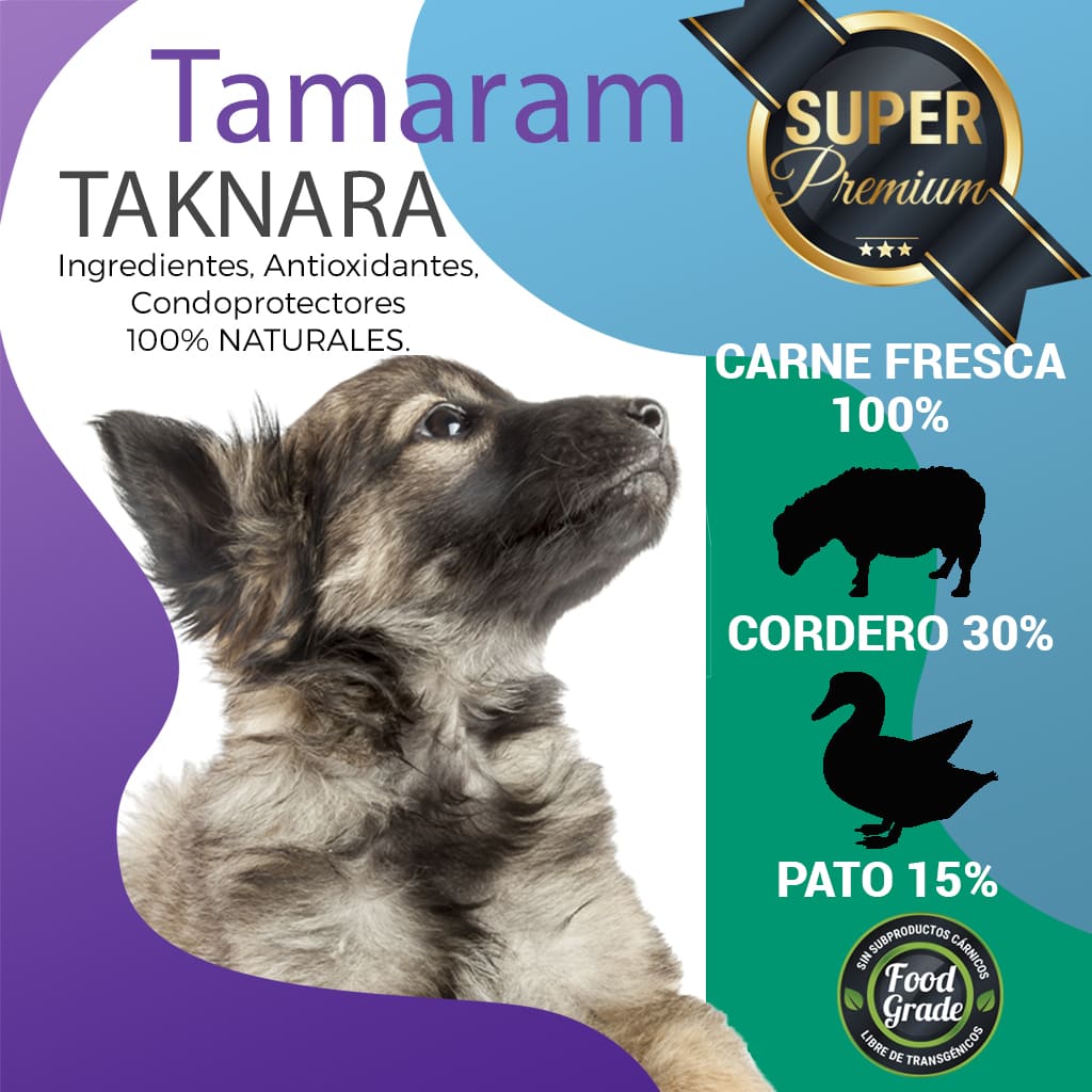 pienso para cachorros cordero y pato solo ingredientes naturales, tamaran, taknara